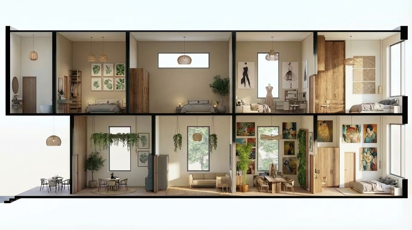 third room from right in upper floor return window as it was and i wanna the wardrobe to be L-Shaped wooden wardrobe , third room from right in ground floor i wanna this wardrobe to be a wooden TV unit , fourth room from right in ground floor i wanna this buffet to be wooden and this dining i want it with 8 chairs in vertical way