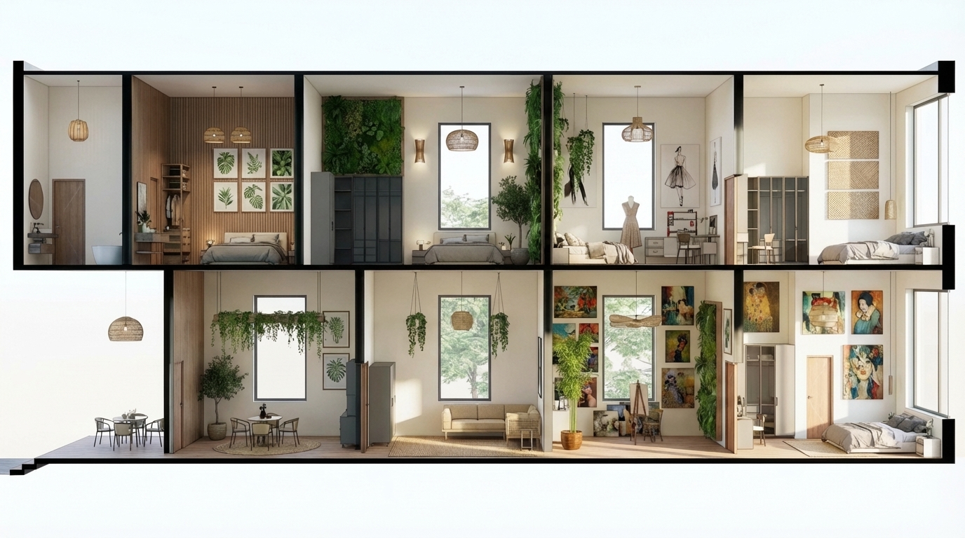 i wanna more biophilic wall decorations , i wanna all walls same off-white color , i wanna biophilic light fixtures , i wanna the couch off-white or beige not red , the second room from right in the ground floor is art gallery so i wanna many paintings on the wall , and the room above it i wanna fashion design paintings on the wall