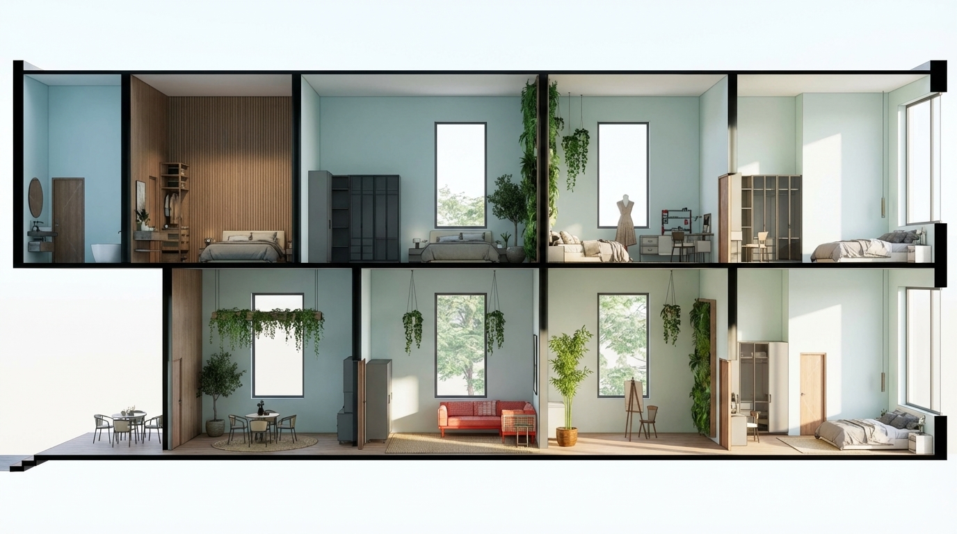 High-quality interior architectural section render, keeping all existing furniture exactly the same and in the same positions. Apply a soft biophilic design style with natural elements such as indoor plants, organic textures, and subtle greenery integration. Walls finished in a gentle breeze-color tone (light, airy, pastel cool-tone). Add clean, modern windows that enhance daylight penetration without altering the layout. Maintain the original spatial proportions, materials of furniture, and all architectural lines. Realistic lighting, soft natural light, high detail, photorealistic style, sharp linework, premium interior visualization, 4K