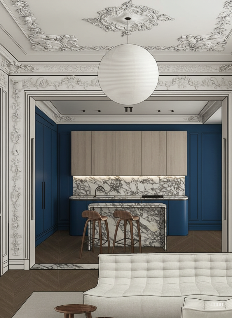 make ultra realistic, quirky neoclassical, include a bold accent colour