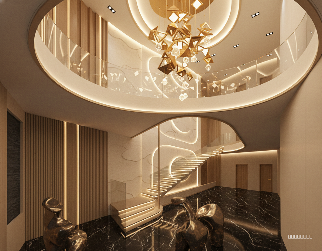 Keep the image composition, components, angels, artifacts the exact same, the space is a double height lobby, ultra realistoic render, golden accents, wall behind staircase to feature wave like abstract design, cove lights on ceiling, warm lighting, large sculptural chnadelier in the centre, sculptural artifacts in the area in frontof the staircase, black marble on floor with white veining, beige floating steps polished with led stripson edges downards, ultra luxurious, realistic indoor lighting, 7 star hotel aesthetics