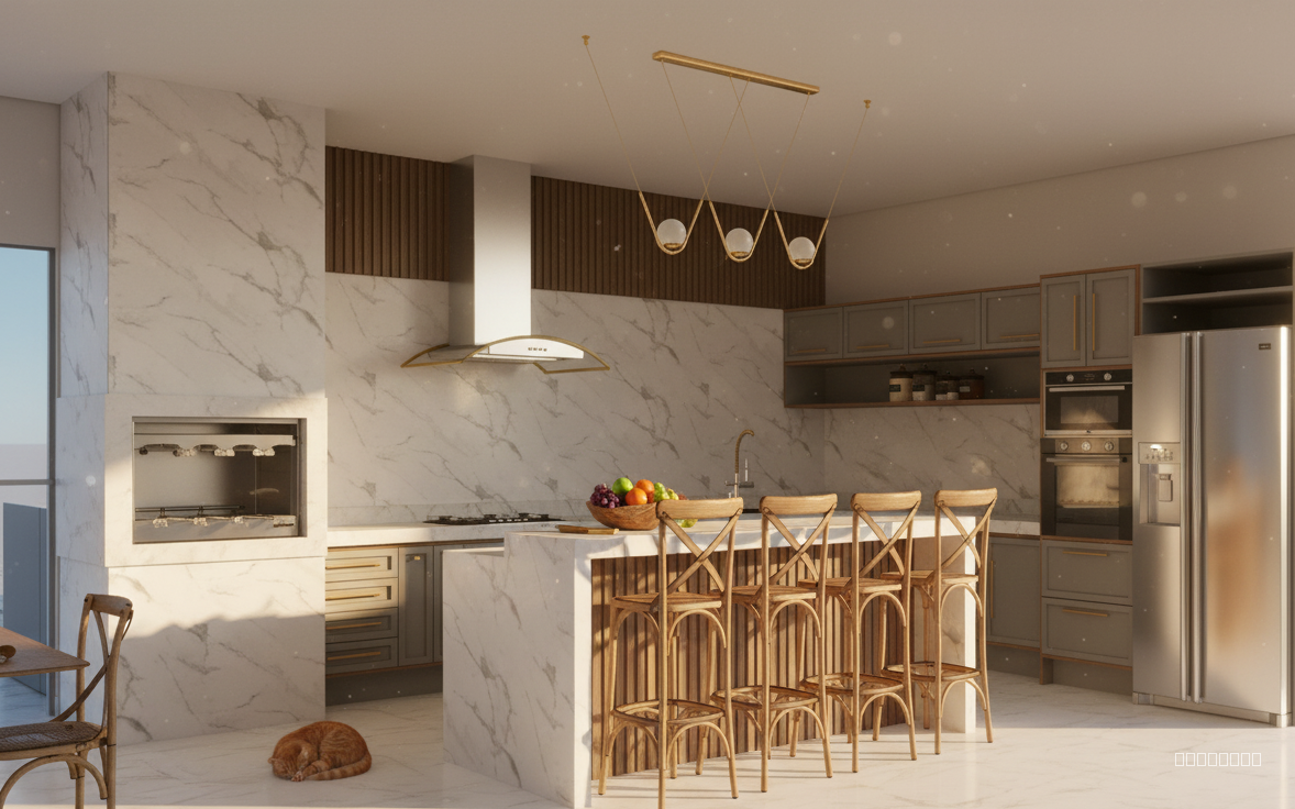 make ultra realistic, light coming in throguht the right, soft sunlight, unltra realistic materials, fruits kept on island, all metal accent in brushed brass, marble flooring, cat near the bar stools 