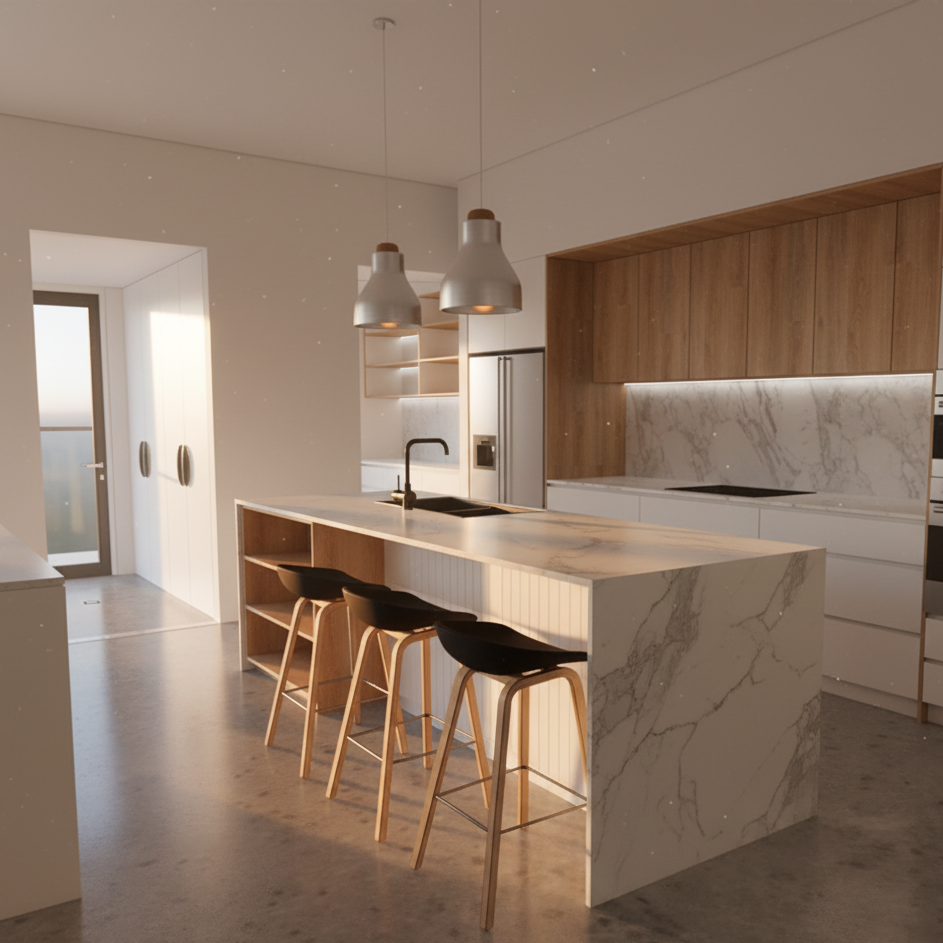 make ultra reslitic, early morning scene, sunlight casting a soft glow on floor, stainless steel pendant lamps, marble counter, 