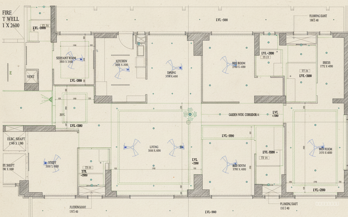 i want a rendered plan for this floor with pencil sketching.