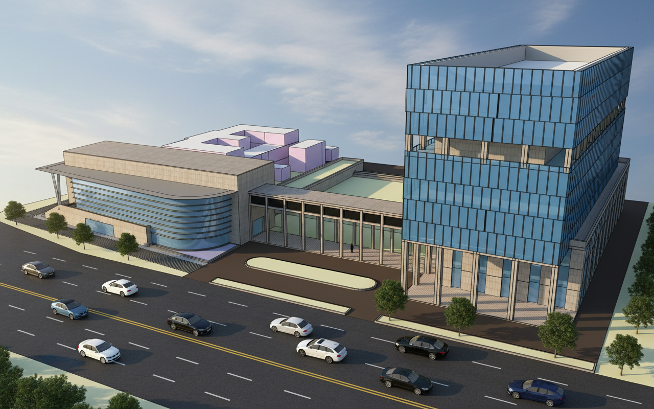 ARCHITECTURAL RENDER STYLE, PHOTOREALISTIC OFFICE COMPLEX WITH AUDITORIUM, AUDITORIUM ON LEFT SIDE . ROAD IN FRONT WITH CARS
