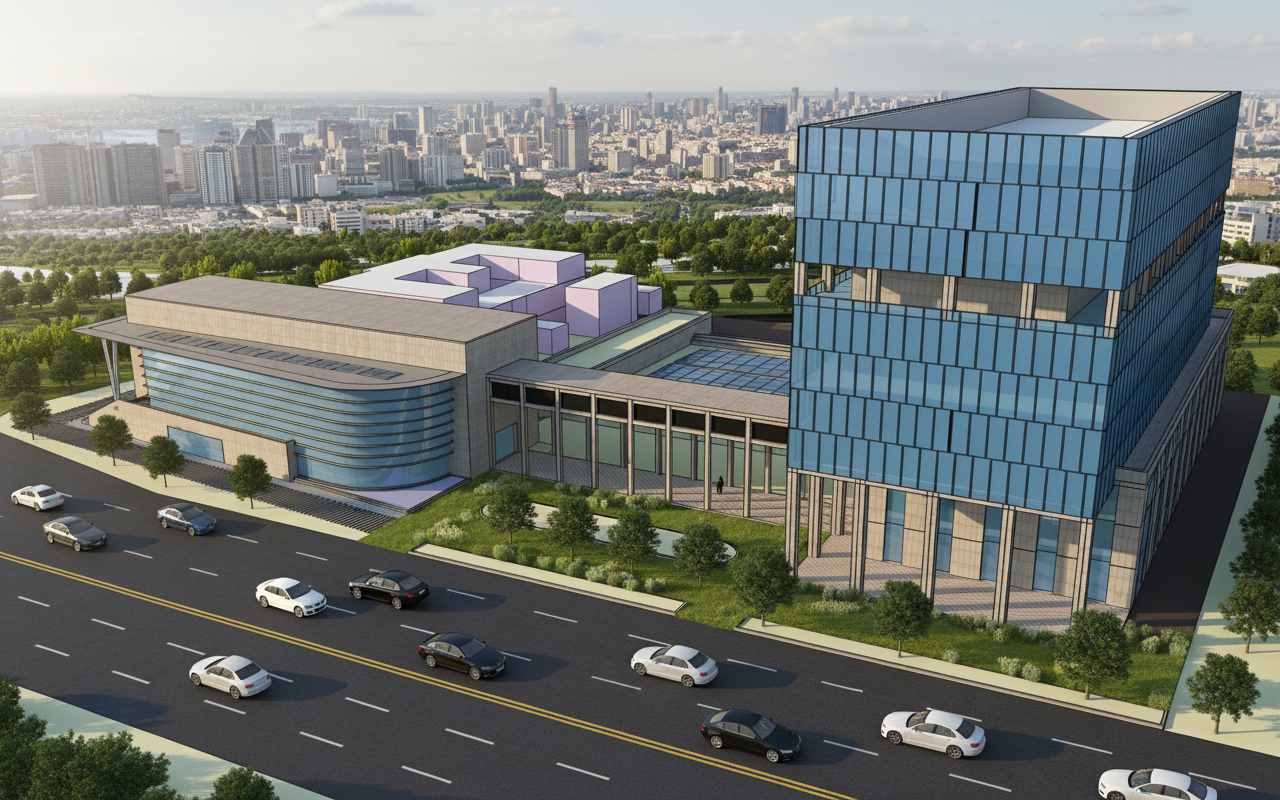 BIRDS EYE VIEW OF A BUILDING COMPLEX. SUPER REALISTIC , LANDSCAPE AND ROAD IN FORE FROUND. CITY IN BACKGROUND