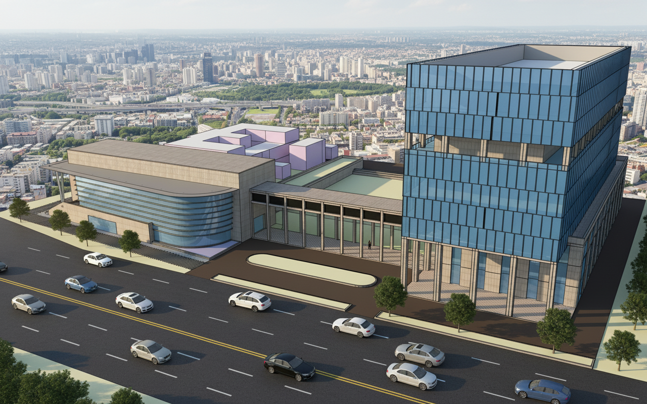 BIRDS EYE VIEW OF A BUILDING COMPLEX. SUPER REALISTIC , LANDSCAPE AND ROAD IN FORE FROUND. CITY IN BACKGROUND