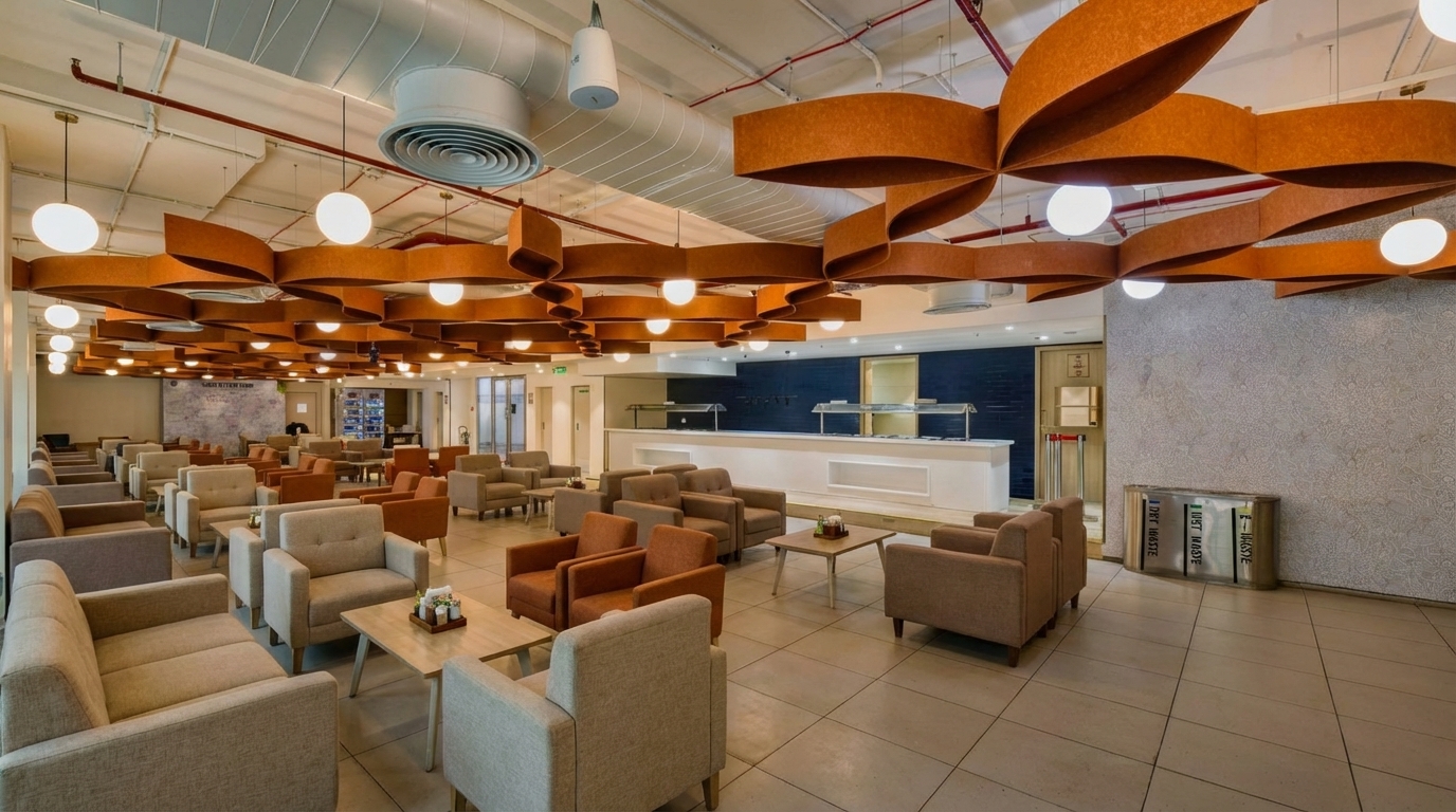 Make the seating clusters of sofas and armchairs instead of table chair, resting the ceiling as is