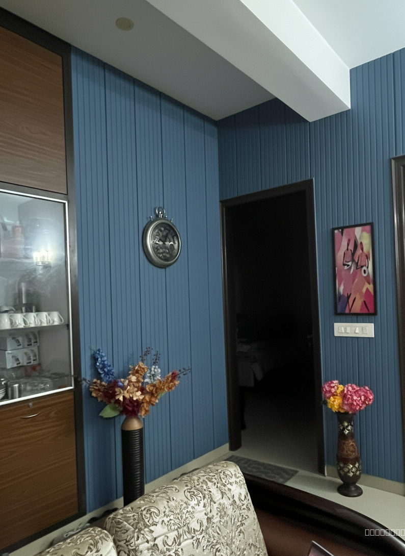 make the walls acoystic panel in blue with vertical cnc lines