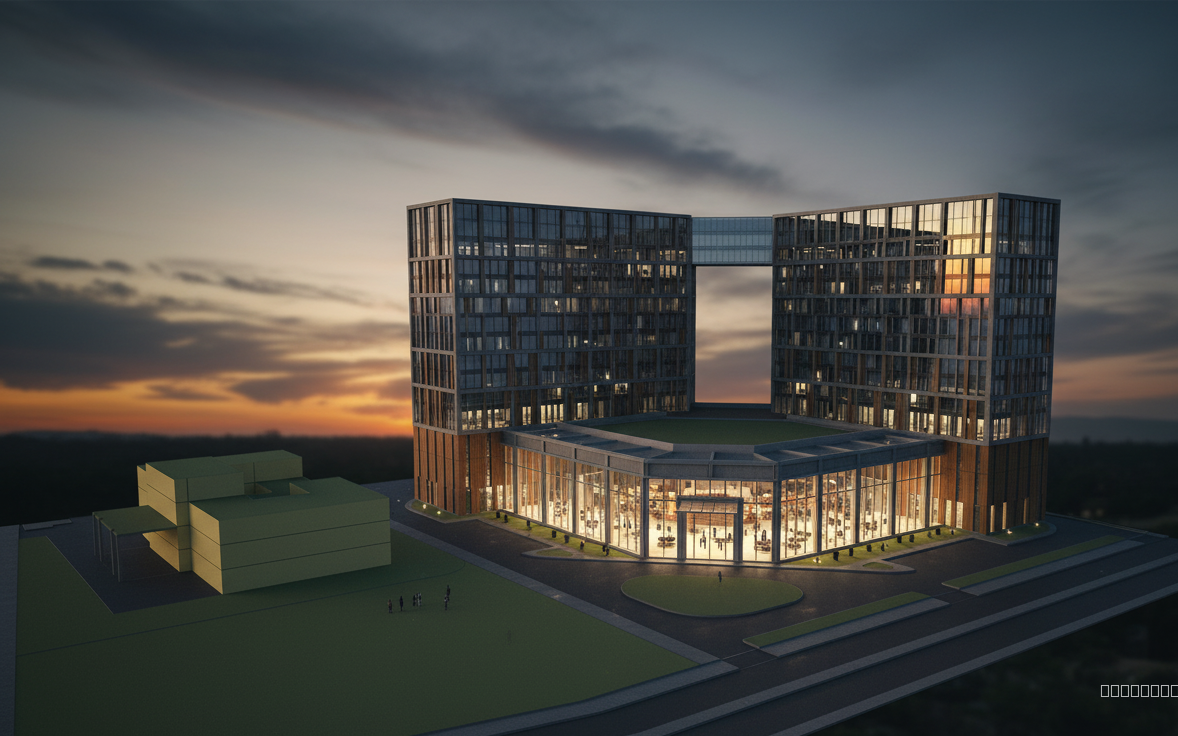 Shot with wide-angle lens (16mm), capturing expansive view. Natural daylight, soft shadows, golden hour lighting. Create from input sketched attached image, photorealistic, hyperrealistic evening aerial (drone) shot of a contemporary office building complex, captured in a wide-angle composition. The architecture should emphasize clean horizontal lines, expansive floor-to-ceiling glass façades reflecting the twilight sky, and textured concrete softened with vertical timber cladding. The ground floor includes a transparent auditorium space with visible activity and soft interior movement, suggesting life and engagement inside.

Use a shallow depth of field and cinematic composition, as if shot with a professional full-frame camera and architectural lens. The color palette should blend the cool, moody blues and grays of dusk with the warm, inviting yellows and oranges from the illuminated interiors. Focus on achieving realistic material textures—subtle glass reflections, light bleed, timber grain, and concrete pores—while preserving a natural, slightly imperfect human touch (avoid sterile CG finishes).

Lighting should feel atmospheric and balanced: soft ambient skylight, gentle glow from interior fixtures, and subtle reflections on the glass and pavement. Render at ultra-high resolution suitable for marketing brochures and large-format print, ensuring crisp detail, accurate perspective, and professional-grade contrast and color grading typical of architectural photography.