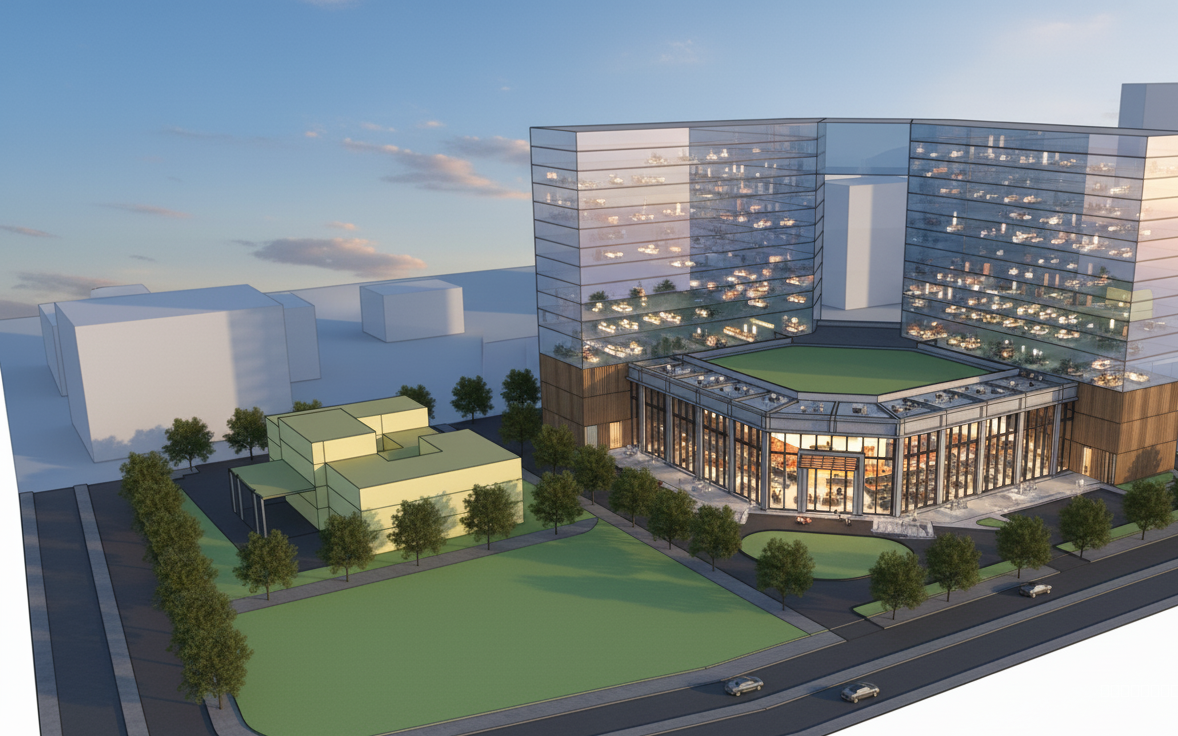 "Create a photorealistic, hyperreal evening drone shot of a modern building office complex, maintaining a wide-angle perspective. The building complex features clean, horizontal lines, large expanses of floor-to-ceiling glass reflecting the twilight sky, and textured concrete walls softened by vertical timber cladding. Capture the scene with a shallow depth of field, mimicking a professional architectural photograph for a marketing brochure. The color palette leans towards cool blues and grays of the evening sky contrasted with the warm yellows and oranges of the interior lights. Ensure realistic textures and subtle imperfections, avoiding a sterile, CG look. Render should emulate a high-resolution photograph taken with a professional-grade camera. ther is auditorium on glriund floor with activitiues, stay clsoe ot image
"