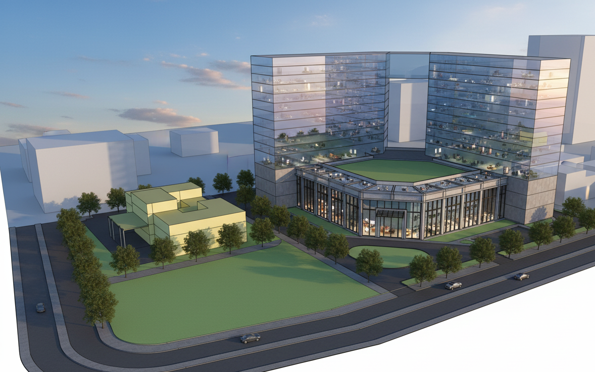 make this iamge photoreal, like a drone shot in an urban perpective , keep the same camera angle and view, glass should be super realistic and proepr reflections with feeling of people inhabiting buildings, realistic streets.

