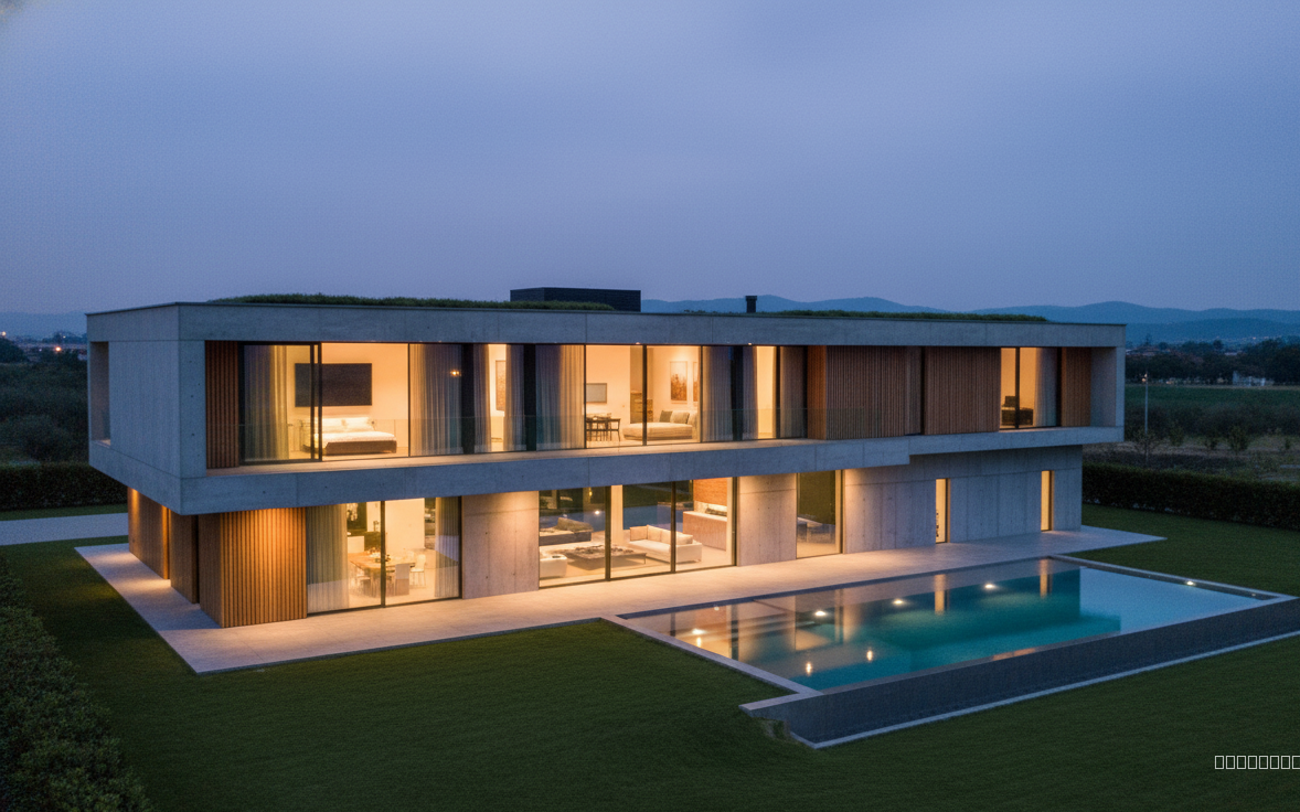 "Create a photorealistic, hyperreal evening drone shot of a modern villa, maintaining a wide-angle perspective. The villa features clean, horizontal lines, large expanses of floor-to-ceiling glass reflecting the twilight sky, and textured concrete walls softened by vertical timber cladding. Warm, inviting interior lighting spills onto the manicured lawn, highlighting a minimalist infinity pool. Capture the scene with a shallow depth of field, mimicking a professional architectural photograph for a marketing brochure. The color palette leans towards cool blues and grays of the evening sky contrasted with the warm yellows and oranges of the interior lights. Ensure realistic textures and subtle imperfections, avoiding a sterile, CG look. Render should emulate a high-resolution photograph taken with a professional-grade camera.
"