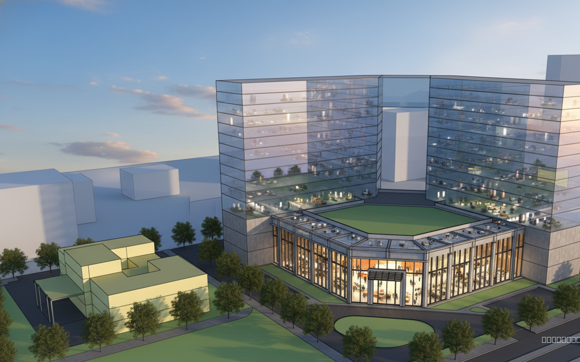 Create a photorealistic, hyperrealistic evening aerial (drone) shot of a contemporary office building complex, captured in a wide-angle composition. The architecture should emphasize clean horizontal lines, expansive floor-to-ceiling glass façades reflecting the twilight sky, and textured concrete softened with vertical timber cladding. The ground floor includes a transparent auditorium space with visible activity and soft interior movement, suggesting life and engagement inside.

Use a shallow depth of field and cinematic composition, as if shot with a professional full-frame camera and architectural lens. The color palette should blend the cool, moody blues and grays of dusk with the warm, inviting yellows and oranges from the illuminated interiors. Focus on achieving realistic material textures—subtle glass reflections, light bleed, timber grain, and concrete pores—while preserving a natural, slightly imperfect human touch (avoid sterile CG finishes).

Lighting should feel atmospheric and balanced: soft ambient skylight, gentle glow from interior fixtures, and subtle reflections on the glass and pavement. Render at ultra-high resolution suitable for marketing brochures and large-format print, ensuring crisp detail, accurate perspective, and professional-grade contrast and color grading typical of architectural photography.