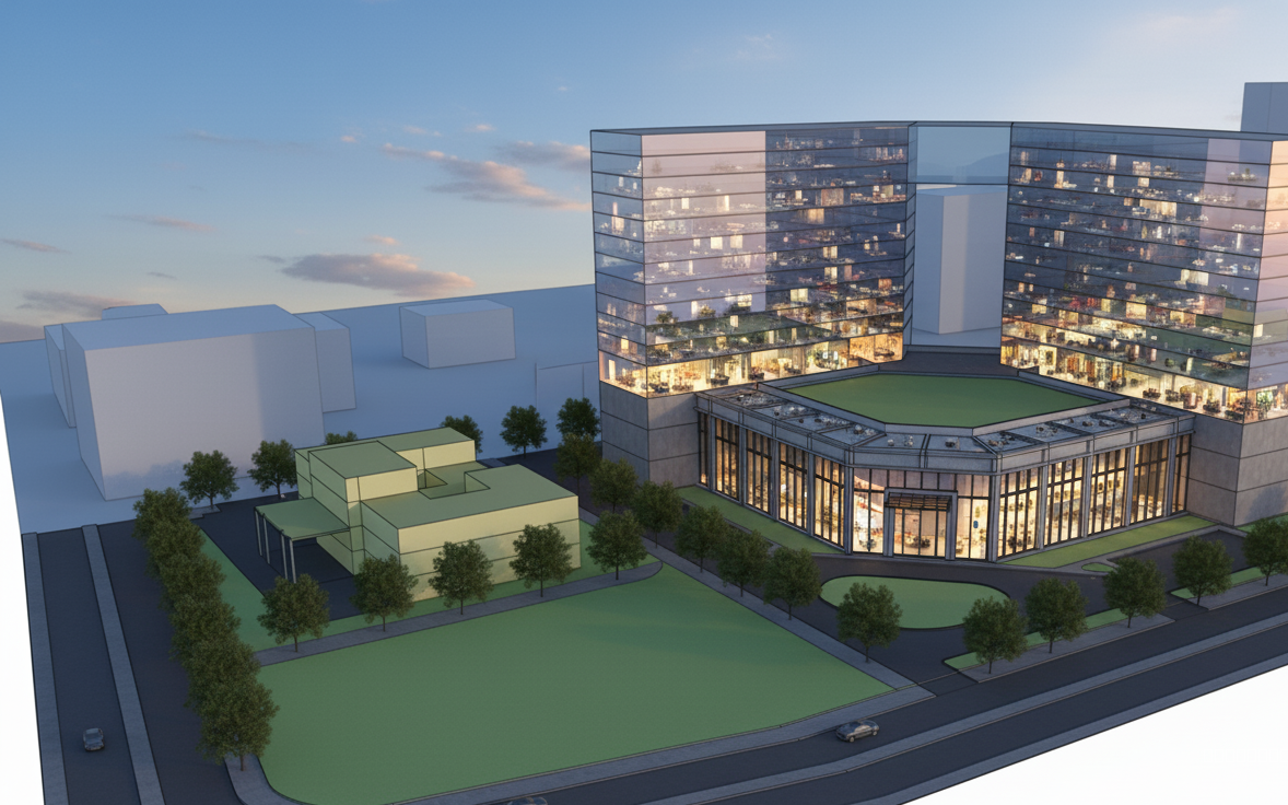 make it photorealistic hyperreal evening shot drone shot, do not change perspective and the size of  image.

do not show like a basic 3d model or a , it should look like professional 3d rendfer , liek its taken from a camera, for a marketing brochure