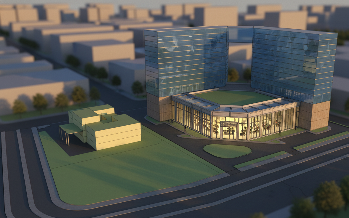 Shot with wide-angle lens (16mm), capturing expansive view. Natural daylight, soft shadows, golden hour lighting. photorealistic hyperreal evening aerial drone shot of a modern office building complex, wide-angle lens, clean horizontal architecture, floor-to-ceiling glass, twilight reflections, textured concrete, vertical timber cladding, visible auditorium on ground floor with people and soft warm interior light, cinematic lighting balance of cool blue dusk sky and warm yellow interior glow, realistic reflections, natural imperfections, professional architectural photography, ultra-detailed, 8k, depth of field, sharp focus on building, global illumination, physically based rendering, real lens optics, DOF bokeh, marketing brochure photo, realistic shadows, volumetric atmosphere, fine detail, no CGI look

--style: photorealistic 1.5 --lighting: cinematic 1.2 --detail: ultra 1.4 --camera: drone 24mm


no cartoon, no flat render, no fake textures, no overexposure, no stylized look
