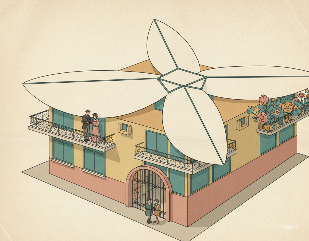 "Maintain original building proportions and design. Render a flat, 2D illustration in the style of vintage comics, using a limited palette of faded retro colors: muted teals, ochres, and rose pinks. Simulate the effect of aged paper. The building facade is a crisp white, like a cut-out piece of paper. Lighting should be soft and diffused, mimicking the glow of a vintage advertisement. Include six realistically rendered humans in early 20th-century European attire. A couple stands on a wrought-iron balcony, gazing outward. A woman tends to potted plants overflowing with vibrant, stylized blooms on another balcony. Two children, hand-in-hand, stand near the main gate at ground level. Plants should appear as distinct cutouts, adding to the collage effect. Emphasize texture and layering to create a vintage collage aesthetic."