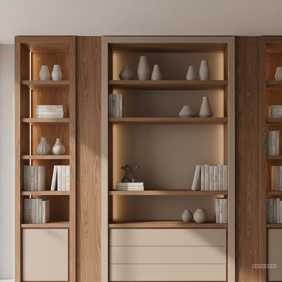 a partir de esta imagen de skp sin modificar la geometría. crea un render realista usando rovere cognac para la textura de madera y laca arena para las gavetas y otros elementos de la estructura. colocar luces led en los paneles verticales