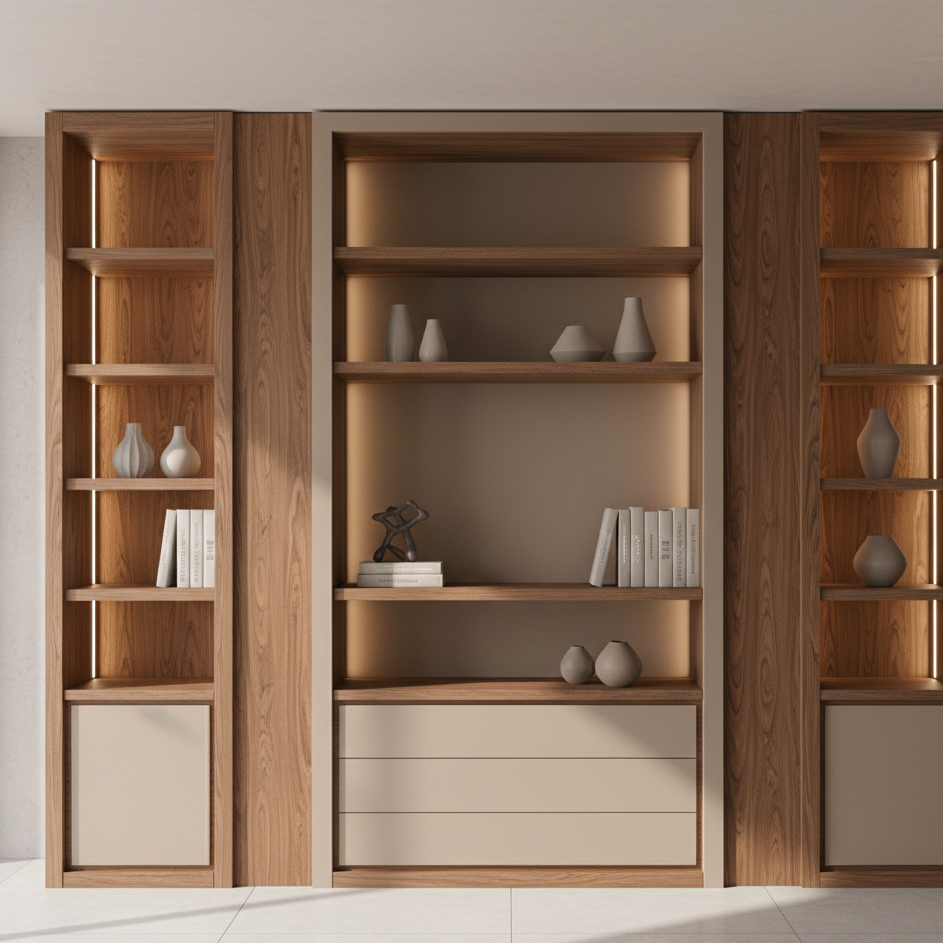 a partir de esta imagen de skp respetando la geometría. crea un render realista usando rovere cognac para la textura de madera y laca arena para las gavetas y otros elementos de la estructura. colocar luces led en los paneles verticales