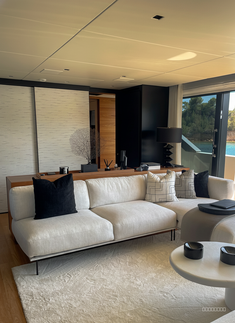 Shot with wide-angle lens (16mm), capturing expansive view. Natural daylight, soft shadows, golden hour lighting. Using the provided collection of phone images as reference, create three refined architectural renderings of an elegant modern yacht interior. The scene should accurately reflect the layout, lighting, textures, and materials shown in the reference photos, but presented with elevated, magazine-quality realism.

Ensure the space looks clean, luxurious, and professionally staged. Include only the intended décor elements present in the photos: a coral sculpture, a few neatly arranged books on the coffee table, and a tray. Remove any clutter such as pill bottles or unintended objects.

Highlight warm natural light, high-end finishes, and a sophisticated coastal aesthetic. Deliver three unique angles or compositions of the yacht interior, each emphasizing depth, ambience, and architectural detail.”**