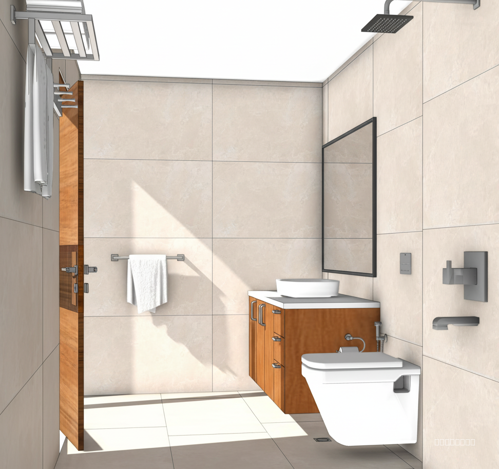 Make realistic, put in sunlight, make textures real, glossy wall, matte floor, mirror on right, towel to look like fabric, wood grain visible vanity & door. Make 4k ultra realistic