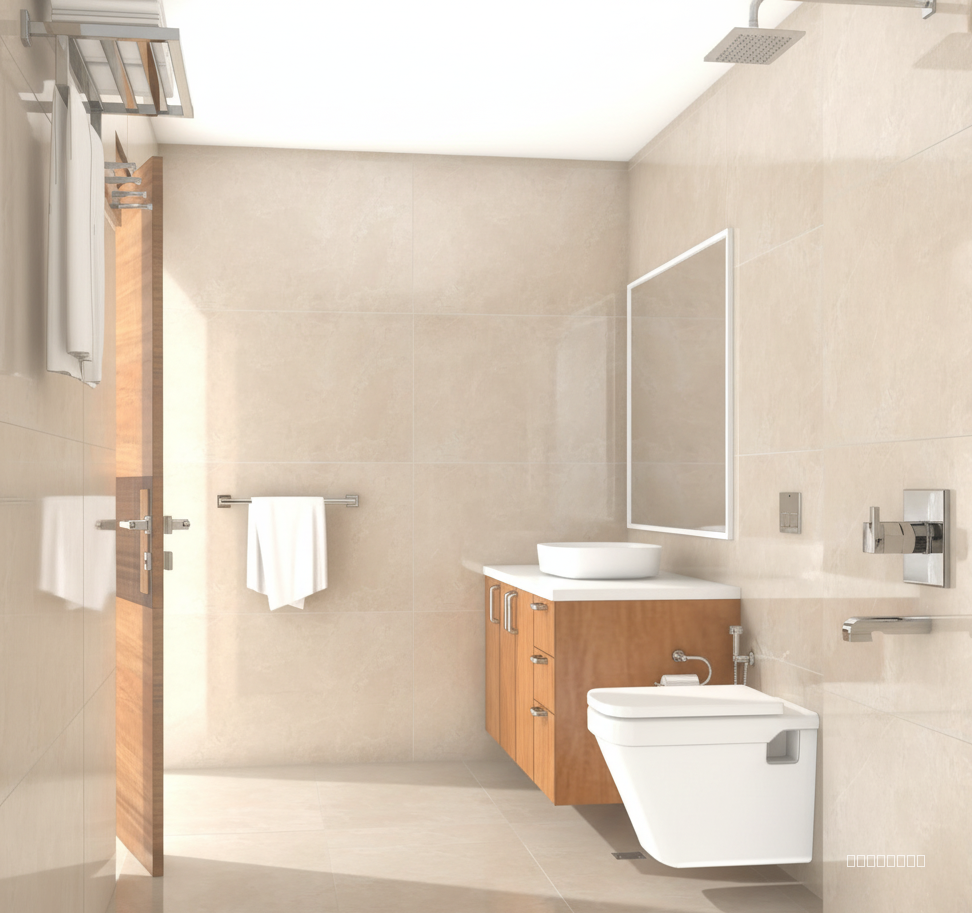 Keep all finishes, all textures, all shapes the same, keep image aspect ratio as is in the uploaded image. Add photrealism to tiles, glossy w3ally tiles. Sunlight comes in softly from the angle of the camera, give towels a natural cloth flow & texture, enhance wood finishes, mirror in right to be reflective, all fixtures in grey to be chrome metal, give realistic reflections