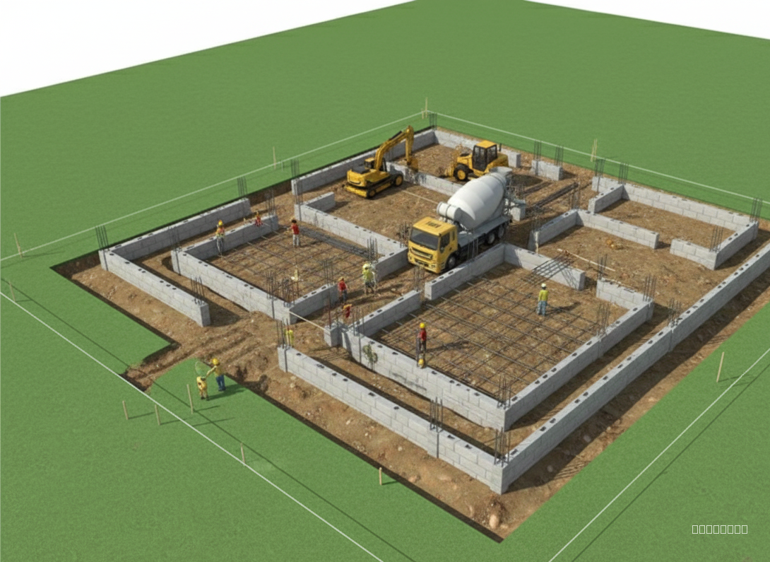 Show the full construction of the house. Phase 1:  “Generate a 6-second clip showing the foundation of this house being built on empty land, smooth cinematic 3D animation, realistic lighting.”