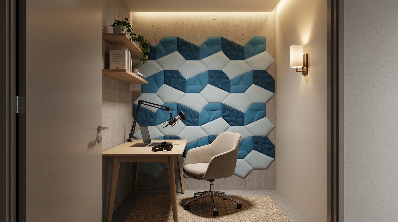 Compact focus room designed for video calls and podcasting, PET acoustic wall panels in soft muted colours behind the desk, small worktable with microphone, comfortable chair and simple shelves, warm ambient lighting with a wall sconce and hidden LED strip, cozy modern interior with matte finishes, no clutter, seen from the doorway at eye level, photorealistic architectural render, high detail, soft shadows, professional interior visualization quality, no people, no text, no logos.