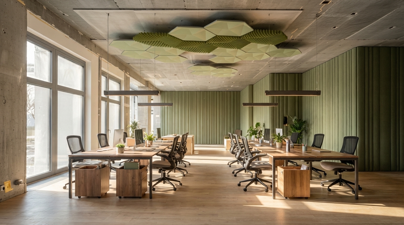 Complete the office interior in contemporary modern style with cosy details, The front and side walls to have the wall product in reference image. Office workspace, desk caddies under desk, retains all details of built environemnt from image. Add hangign lights, centre of the halls suspended panel with acoustic material as in the reference image