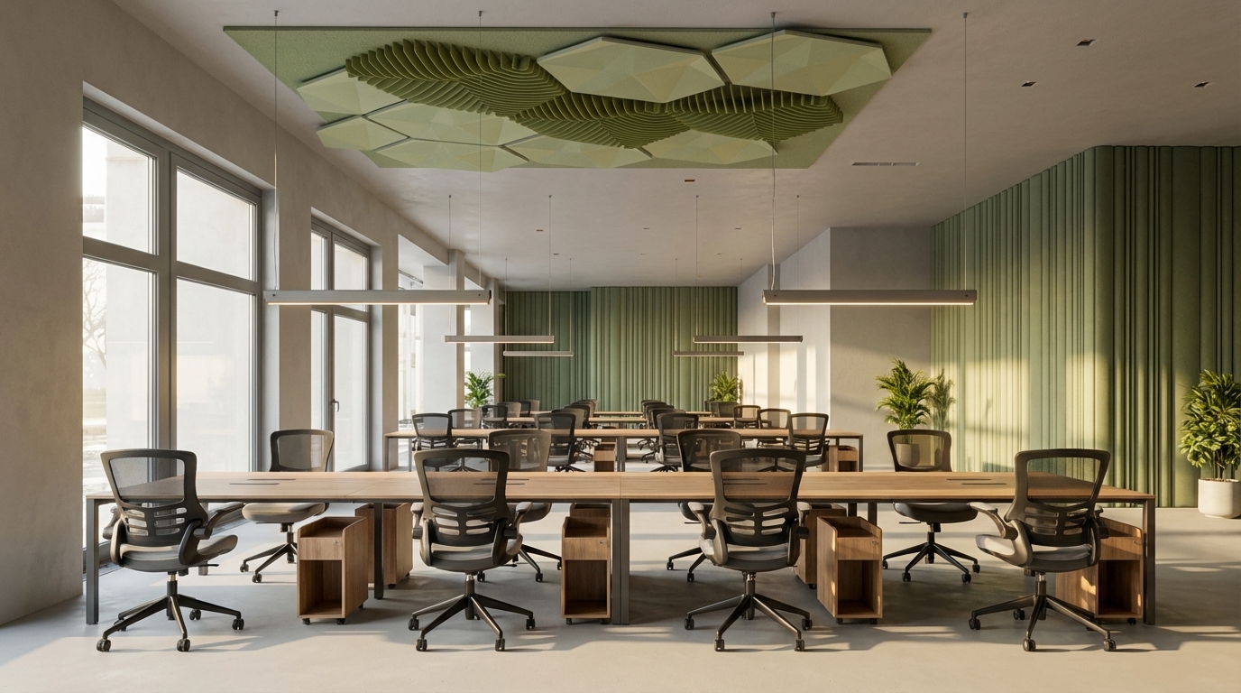 Complete the office interior in contemporary modern style with cosy details, The front and side walls to have the wall product in reference image. Office workspace, desk caddies under desk, retains all details of built environemnt from image. Add hangign lights, centre of the halls suspended panel with acoustic material as in the reference image. All ceiling and wall surfaces need to be finsihed with paint,