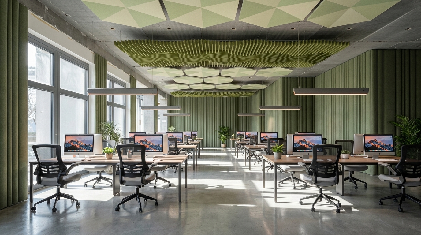 Complete the construction site to a finished office with worksttions, contemporary office, workdesks in rows. On the walls & ceiling put acoustic panels as in the reference image. Ceiling hung acoustic tiles in some places as in the image. Create a realistic scene without people, the hero is the acoustic product as in the reference image, give importance to it. Keep the building form, wall locations & entire context of the uploaded image same