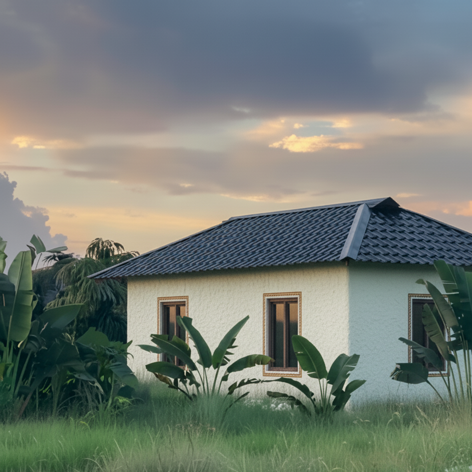 "Exterior view of a minimalist dwelling featuring two asymmetrical windows on the left facade. The larger window, vertically oriented (approx. 2:3 ratio), is positioned beside a slightly smaller one. Walls are finished with smooth, off-white lime plaster, subtly textured, minimizing any heavy mud appearance. The roof overhang is minimal, creating a sharp, clean edge. Lush, realistic greenery surrounds the base of the building, adding depth and a sense of organic integration. A thin, hand-painted border in a traditional Indian style (using ochre, indigo, and burnt sienna hues) delicately frames each window, adding a touch of cultural detail. Soft, diffused natural light illuminates the scene, casting subtle shadows and highlighting the textures of the plaster and foliage. The overall composition emphasizes clean lines, natural materials, and a harmonious blend of modern and traditional aesthetics."