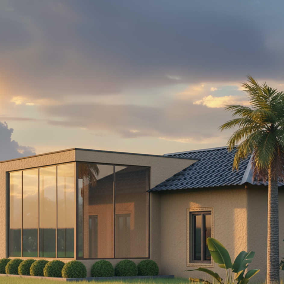 A hyperrealistic architectural visualization of a modern residential facade. The left side features only two large, frameless windows with expansive glass panes, offering unobstructed views. Trimmed, short, manicured grass extends to the foundation. Small, meticulously placed boxwood bushes line the edge of the lawn near a single, mature palm tree. Sunlight bathes the scene in a warm, golden hour glow, casting long shadows and highlighting the subtle textures of the stucco exterior. The architectural style emphasizes clean lines and minimalist detailing. Rendered in 8K resolution with global illumination for ultra-realistic lighting and material properties.