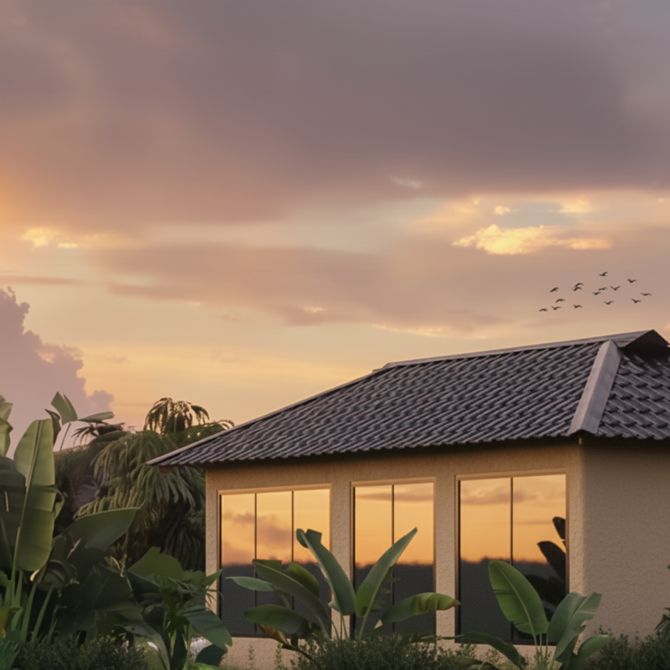 User Request: only 2 windows on left, expansive unobstructed glass on the window, short trimmed grass, evening glow reflected everywhere, small wild bushes on near the palm, flock of birds in the distance in sky

Reference from @version 5:
- Original prompt: "make the walls beige mud toned, window without centre mullion, top roof edeg to stop at edge not extend, make grass shorter, make palms more realistic, keep evening lighting uniform in all relefctions"
- Style: realistic
- Quality: standard
- Aspect ratio: 16:9
- Image type: 3d-mass
- Processing time: 9s

Please generate a new image based on the user request, using the referenced version(s) as context. Maintain consistency with the referenced styles and settings where appropriate, but prioritize the user's specific request.