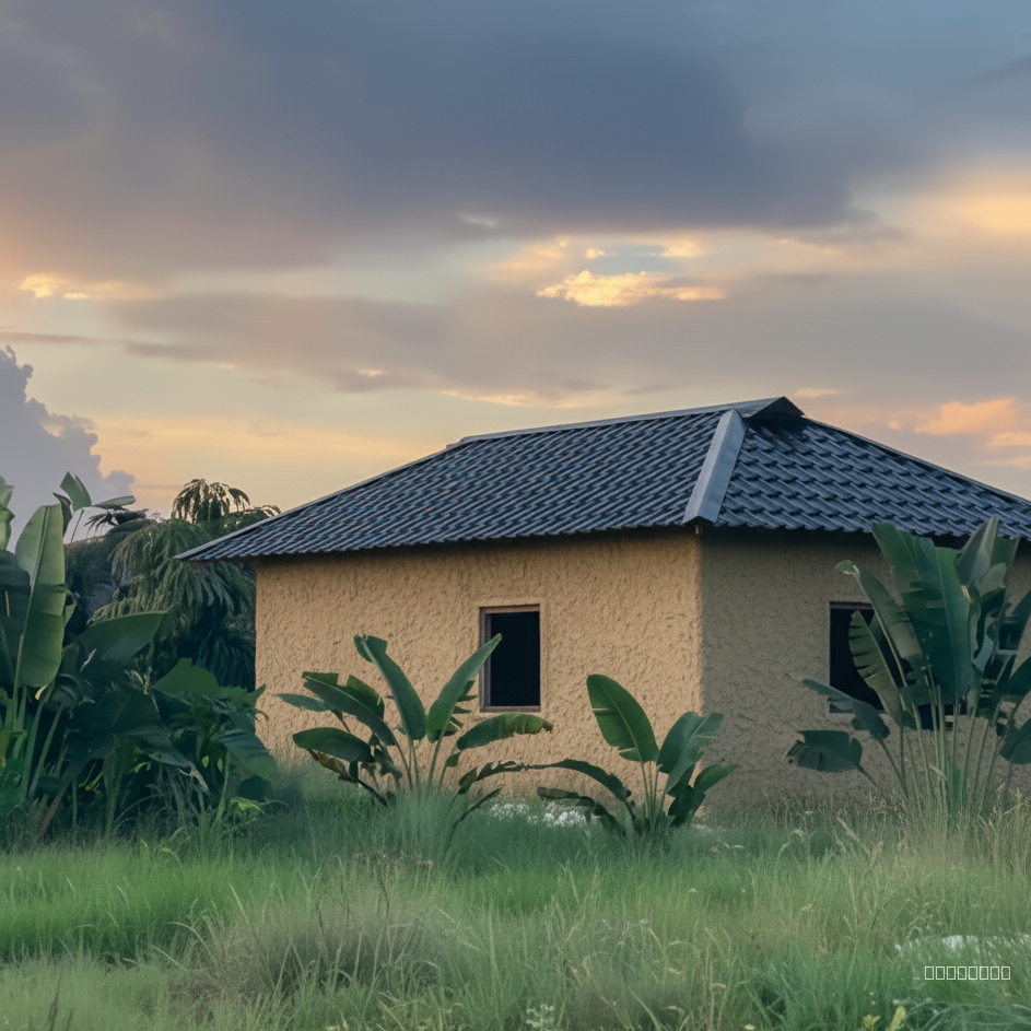 put black corrugated sheet on roof in pattern of terracota tile, put walls to cover the structure, finish with lime plaster in mud colour,  put window