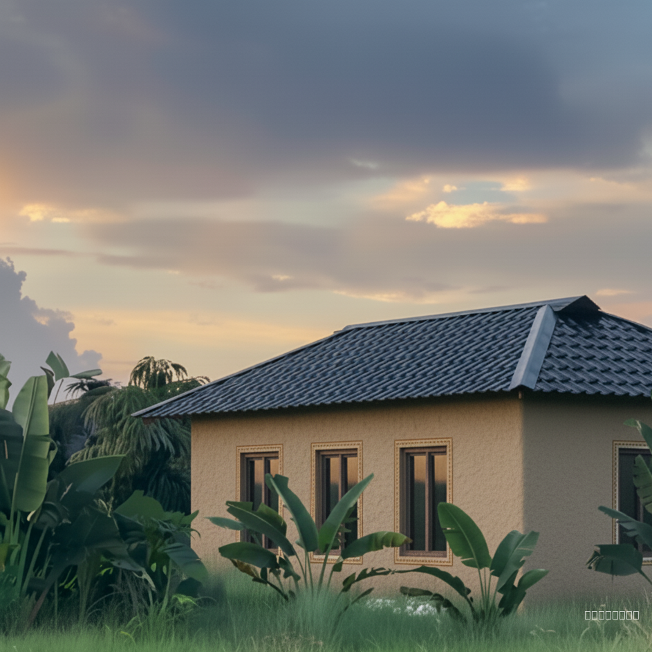 make the walls beige mud toned, window without centre mullion, top roof edeg to stop at edge not extend, make grass shorter, make palms more realistic, keep evening lighting uniform in all relefctions