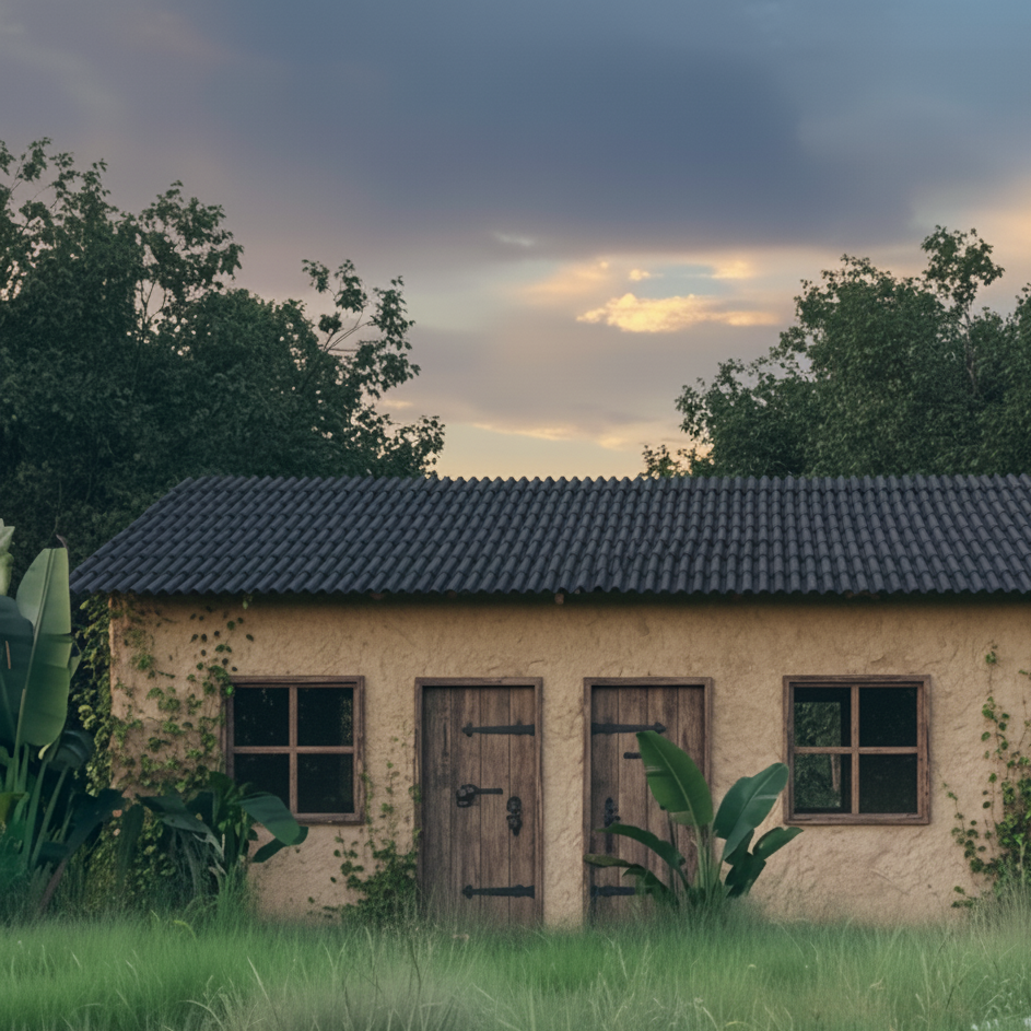 User Request: make smaller, sqaure building base not rectangular,

Reference from @version 10:
- Original prompt: ""Design a rustic forestcore building facade featuring fine mud plaster with subtle variations in tone, ranging from warm beige to light terracotta. The roof is clad in black terracotta-style corrugated sheets with a four-sided slope, . On the left side, incorporate two large, windows 1:1 with dark wood frames, approximately 1.5m wide and 2.1m high. next to the windows, place two rustic wooden doors, each around 1m wide and 2.1m high, with hand-forged iron hardware. Emphasize the natural texture of the thin mud plaster, showing slight imperfections and grains. Soft, diffused natural light should illuminate the facade, casting gentle shadows that highlight the texture. Include climbing ivy or other forest plants partially covering the facade to enhance the forestcore aesthetic. The overall composition should feel organic and integrated with a surrounding forest environment.""
- Style: realistic
- Quality: standard
- Aspect ratio: 1:1
- Image type: 3d-mass
- Processing time: 8s

Please generate a new image based on the user request, using the referenced version(s) as context. Maintain consistency with the referenced styles and settings where appropriate, but prioritize the user's specific request.