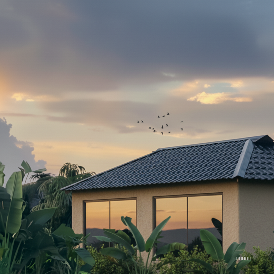 User Request: only 2 windows on left, expansive unobstructed glass on the window, short trimmed grass, evening glow reflected everywhere, small wild bushes on near the palm, flock of birds in the distance in sky

Reference from @version 5:
- Original prompt: "make the walls beige mud toned, window without centre mullion, top roof edeg to stop at edge not extend, make grass shorter, make palms more realistic, keep evening lighting uniform in all relefctions"
- Style: realistic
- Quality: standard
- Aspect ratio: 16:9
- Image type: 3d-mass
- Processing time: 9s

Please generate a new image based on the user request, using the referenced version(s) as context. Maintain consistency with the referenced styles and settings where appropriate, but prioritize the user's specific request.