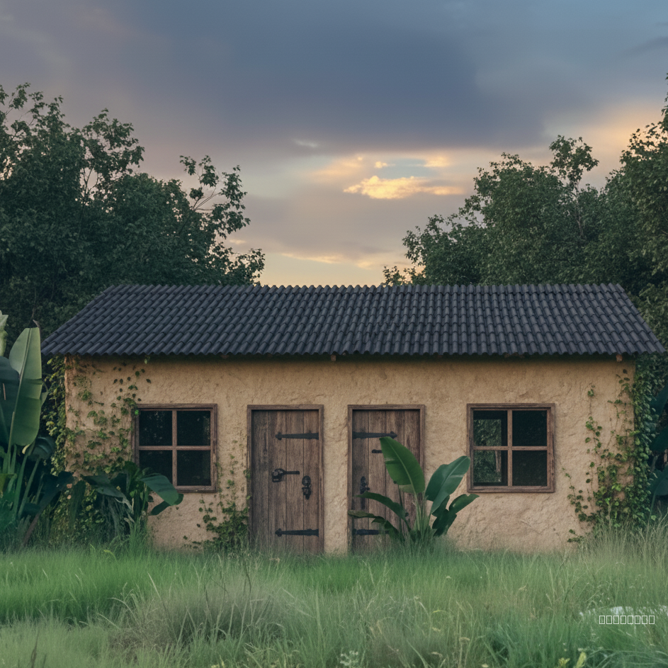"Design a rustic forestcore building facade featuring fine mud plaster with subtle variations in tone, ranging from warm beige to light terracotta. The roof is clad in black terracotta-style corrugated sheets with a four-sided slope, . On the left side, incorporate two large, windows 1:1 with dark wood frames, approximately 1.5m wide and 2.1m high. next to the windows, place two rustic wooden doors, each around 1m wide and 2.1m high, with hand-forged iron hardware. Emphasize the natural texture of the thin mud plaster, showing slight imperfections and grains. Soft, diffused natural light should illuminate the facade, casting gentle shadows that highlight the texture. Include climbing ivy or other forest plants partially covering the facade to enhance the forestcore aesthetic. The overall composition should feel organic and integrated with a surrounding forest environment."