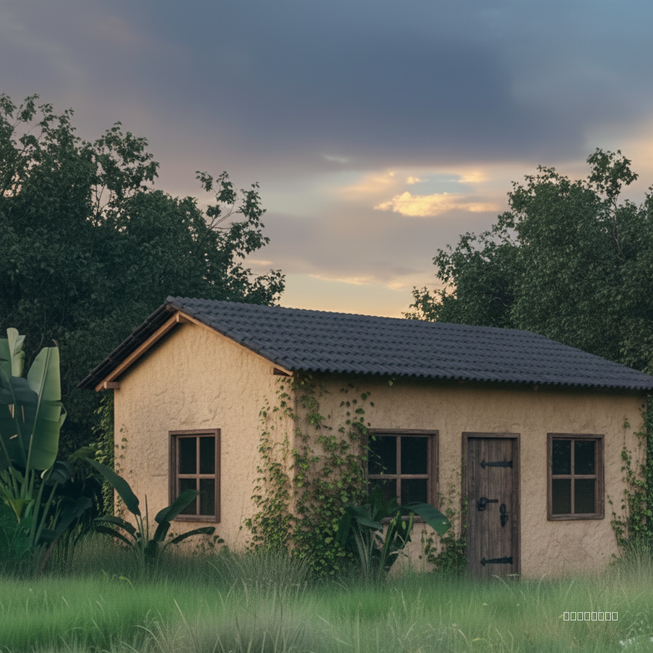 User Request: make smaller, sqaure building base not rectangular,

Reference from @version 10:
- Original prompt: ""Design a rustic forestcore building facade featuring fine mud plaster with subtle variations in tone, ranging from warm beige to light terracotta. The roof is clad in black terracotta-style corrugated sheets with a four-sided slope, . On the left side, incorporate two large, windows 1:1 with dark wood frames, approximately 1.5m wide and 2.1m high. next to the windows, place two rustic wooden doors, each around 1m wide and 2.1m high, with hand-forged iron hardware. Emphasize the natural texture of the thin mud plaster, showing slight imperfections and grains. Soft, diffused natural light should illuminate the facade, casting gentle shadows that highlight the texture. Include climbing ivy or other forest plants partially covering the facade to enhance the forestcore aesthetic. The overall composition should feel organic and integrated with a surrounding forest environment.""
- Style: realistic
- Quality: standard
- Aspect ratio: 1:1
- Image type: 3d-mass
- Processing time: 8s

Please generate a new image based on the user request, using the referenced version(s) as context. Maintain consistency with the referenced styles and settings where appropriate, but prioritize the user's specific request.