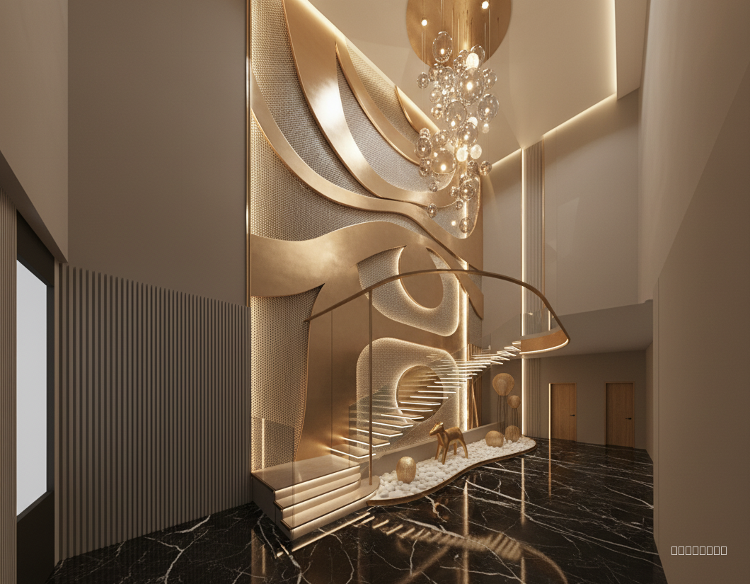 “Create a photorealistic render of a luxurious double-height staircase lobby with an elegant, sculptural design language. Use the base model geometry but apply the exact material palette, lighting style, and atmospheric qualities seen in the reference render.

Materials & Surfaces
	•	Back Wall Feature Panel:
	•	Add a large, artistic panel spanning the double height.
	•	Design it with flowing, layered contours resembling abstract waves.
	•	Use metallic mesh and brushed champagne-gold plates, layered to create depth.
	•	Integrate vertical cove lighting behind the contours to create glowing edges.
	•	Staircase Materials:
	•	Treads finished in tan/light beige polished stone with a smooth satin texture.
	•	Riser edges accented with thin warm-white LED strips for subtle floating effect.
	•	Balustrade made of crystal-clear tempered glass with minimal stainless/brass hardware.
	•	Handrail in brushed champagne-gold metal matching the feature panel.
	•	Flooring:
	•	Use luxury black marble with bold white veining and a high-gloss reflective finish.
	•	Add a recessed pebble bed underneath the staircase in white rounded river stones for contrast.
	•	Decor Elements:
	•	Place a sculptural golden animal figurine (elegant, smooth, metallic) at the center of the pebble bed.
	•	Add refined mesh sculptures around it in soft gold tones.

Lighting Design
	•	Main Chandelier:
	•	Install a dramatic multi-level chandelier with clusters of glass spheres, glowing orbs, and crystal elements.
	•	Suspended at varying heights to fill the vertical void of the staircase.
	•	Emit warm 2700–3000K lighting with soft bloom and natural reflections.
	•	Ambient Lighting:
	•	Soft global illumination with warm undertones.
	•	Subtle gradient light on ceilings and walls.
	•	Use hidden LED channels along architectural lines to highlight geometry.
	•	Feature Wall Lighting:
	•	Vertical linear lights embedded on both sides of the sculptural panel.
	•	Warm, diffused glow that enhances the 3D depth of metal layers.

Overall Mood & Atmosphere
	•	Style: High-end, modern, 7-star hotel aesthetic, rich and sophisticated.
	•	Tone: Warm, elegant, and dramatic with soft shadows and high dynamic range.
	•	Reflections: Polished surfaces should reflect light delicately without noise.
	•	Composition: Cinematic, clean, inviting, emphasizing height and luxury.
	•	Rendering: Photorealistic with detailed textures, natural reflections, micro-surface imperfections, and realistic DOF if needed.

Final Output
	•	Ultra-high resolution, clean depth, refined contrast.
	•	Balanced highlights and shadows.
	•	Rich metallic reflections with accurate light falloff.
	•	A luxurious, immersive atmosphere matching the reference image’s quality.”