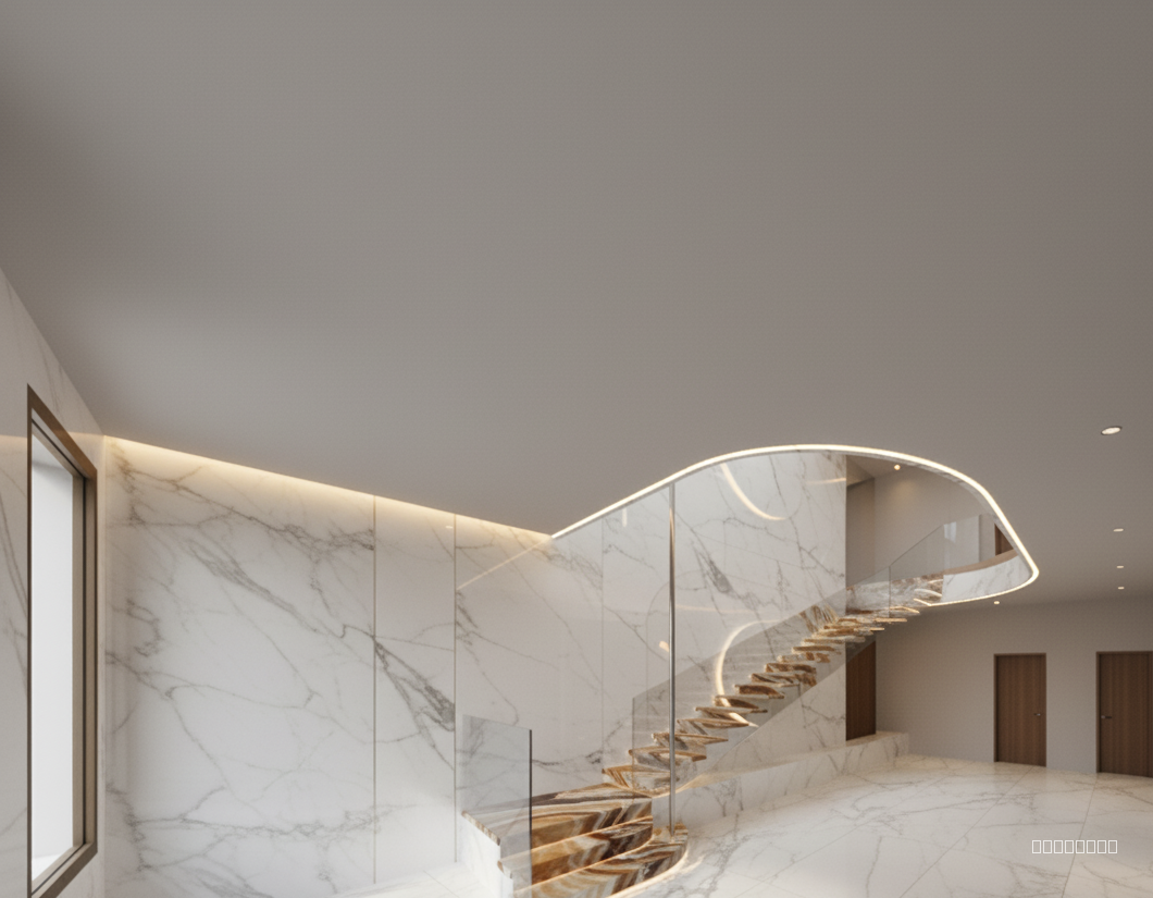 use onyx stone on steps. add a lighting on ceiling. 