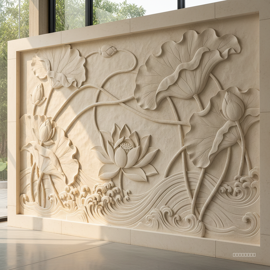 Create a cnc cut stone wall with a story of lotus flower. 
