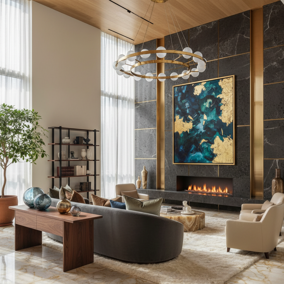 create a render using luxury materials like stone, paint, glass, wood and other luxury materials. its a living area.