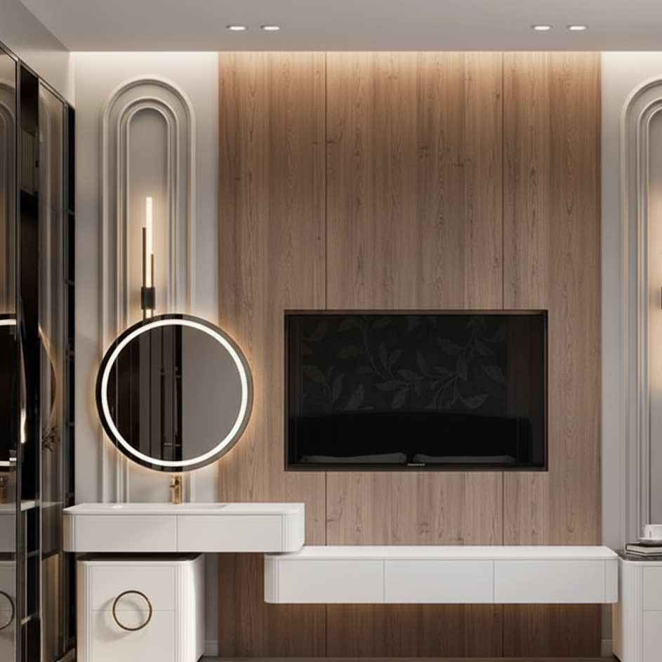 "Using the provided reference image as the style guide, create a highly realistic 3D design of a modern TV panel wall integrated with a vanity unit. Maintain the same material palette, textures, color tones, and design language shown in the image.