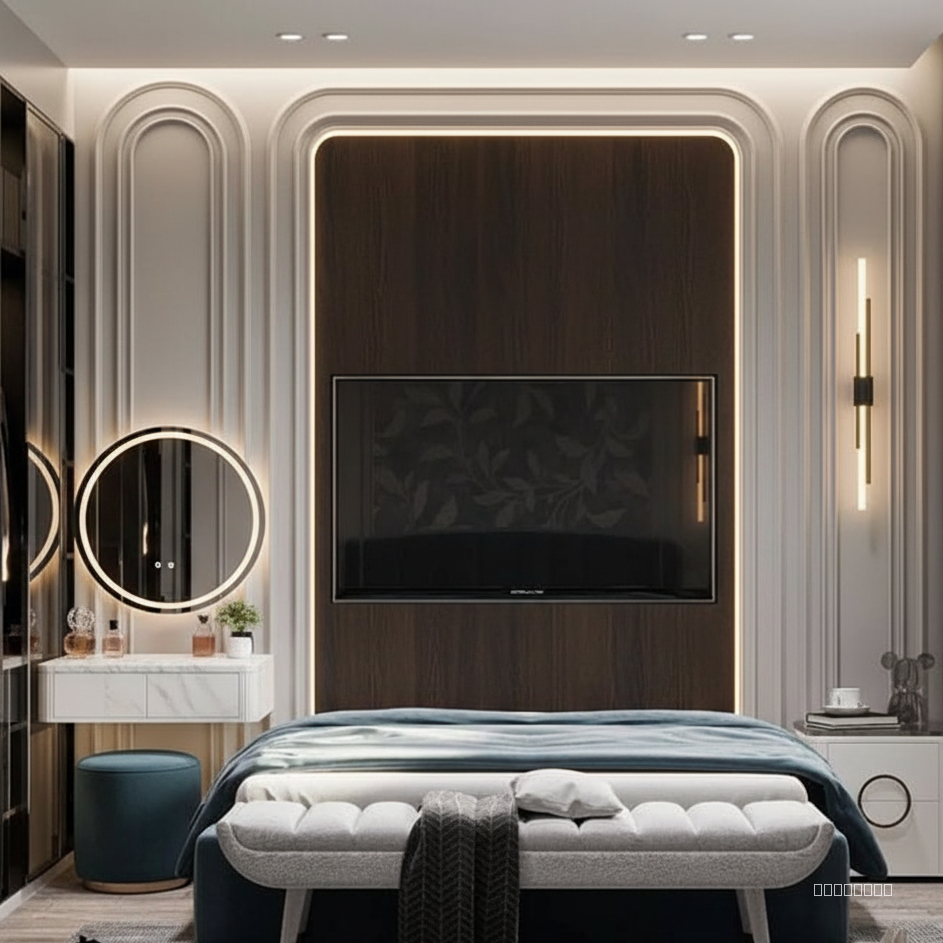 create a tv panel wall for this room. with a vanity area 