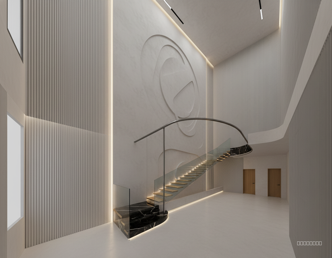 Using the provided base image of the living room staircase, enhance the double-height wall. Keep the staircase treads in polished onyx stone with a soft warm under-glow. On the central portion of the double-height wall, add one large circular feature with subtle sculpted carvings in a smooth plaster finish. Only the side sections of the wall should have vertical fluted paneling running full height, leaving the center clean and sculptural. Maintain the existing staircase form, glass railing, and curved soffit, and refine the lighting so it highlights the fluted sides, the circular carving, and the onyx treads while keeping the overall look luxurious, minimal, and contemporary.”