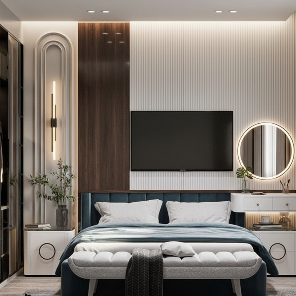 create a tv pannel wall with vanity for this image. dont use this wall. its gonna be in front of this wall but part of a same room. 