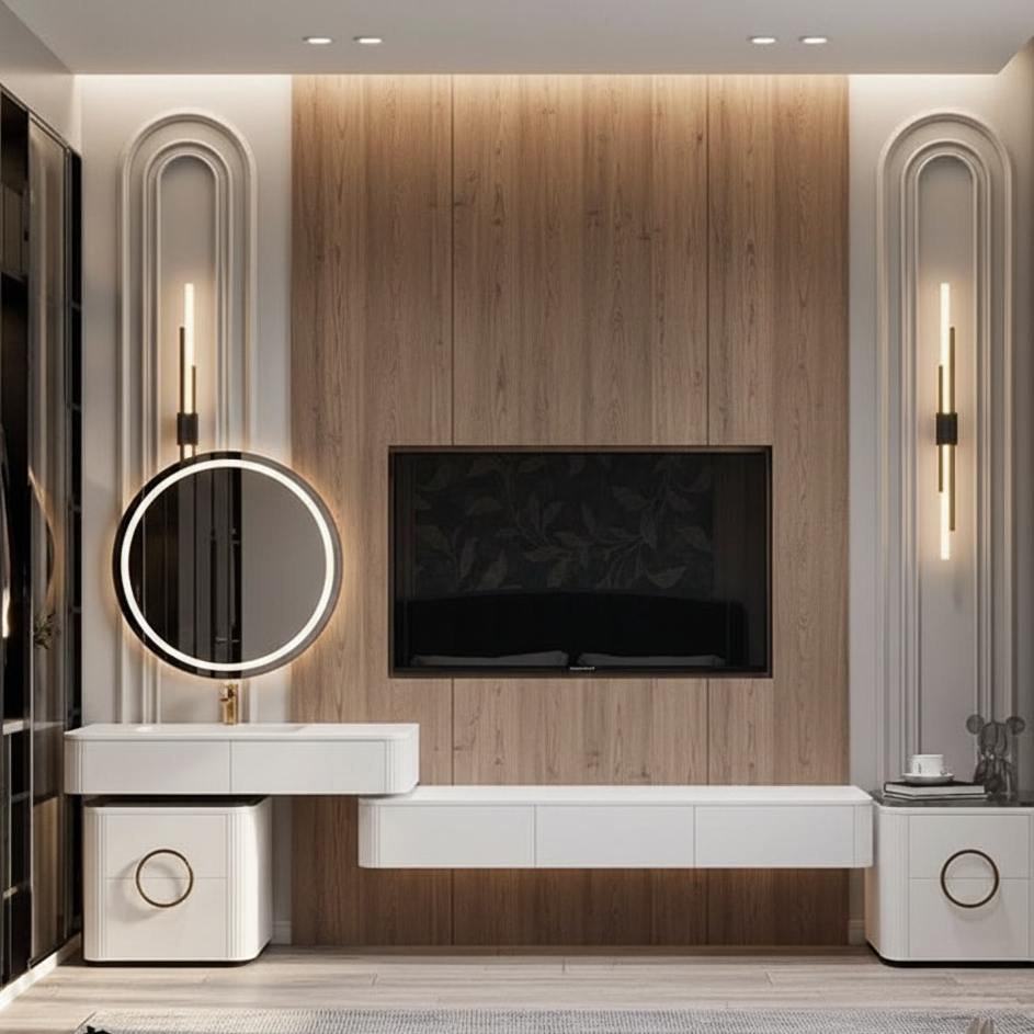 "Using the provided reference image as the style guide, create a highly realistic 3D design of a modern TV panel wall integrated with a vanity unit. Maintain the same material palette, textures, color tones, and design language shown in the image.