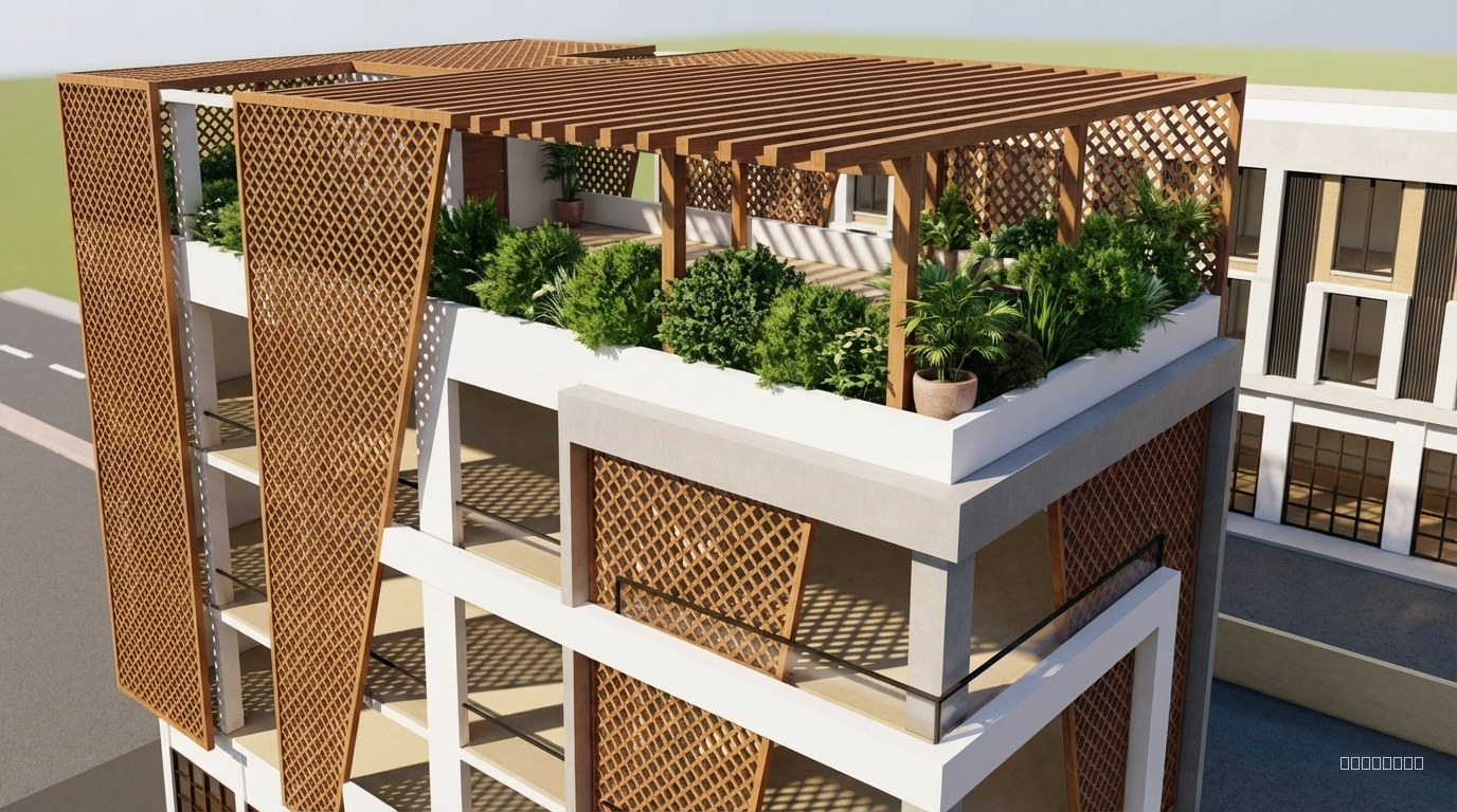 DAME UN RENDERIZADO DE ESTE EDIFICIO DE ARQUITECTURA, DONDE LA IDEA ES QUE LOS ELEMENTOS DE COLOR SIMILAR A LOS TRIANGULARES, SON CELOSIAS DE MADERA Y CONECTAN CON EL TECHO DONDE SON PERGOLAS Y EN LA TERRAZA HAY UN BALCON CON AREA VERDE, TIPO ARBUSTOS QUE LO HAGAN VER MEJOR